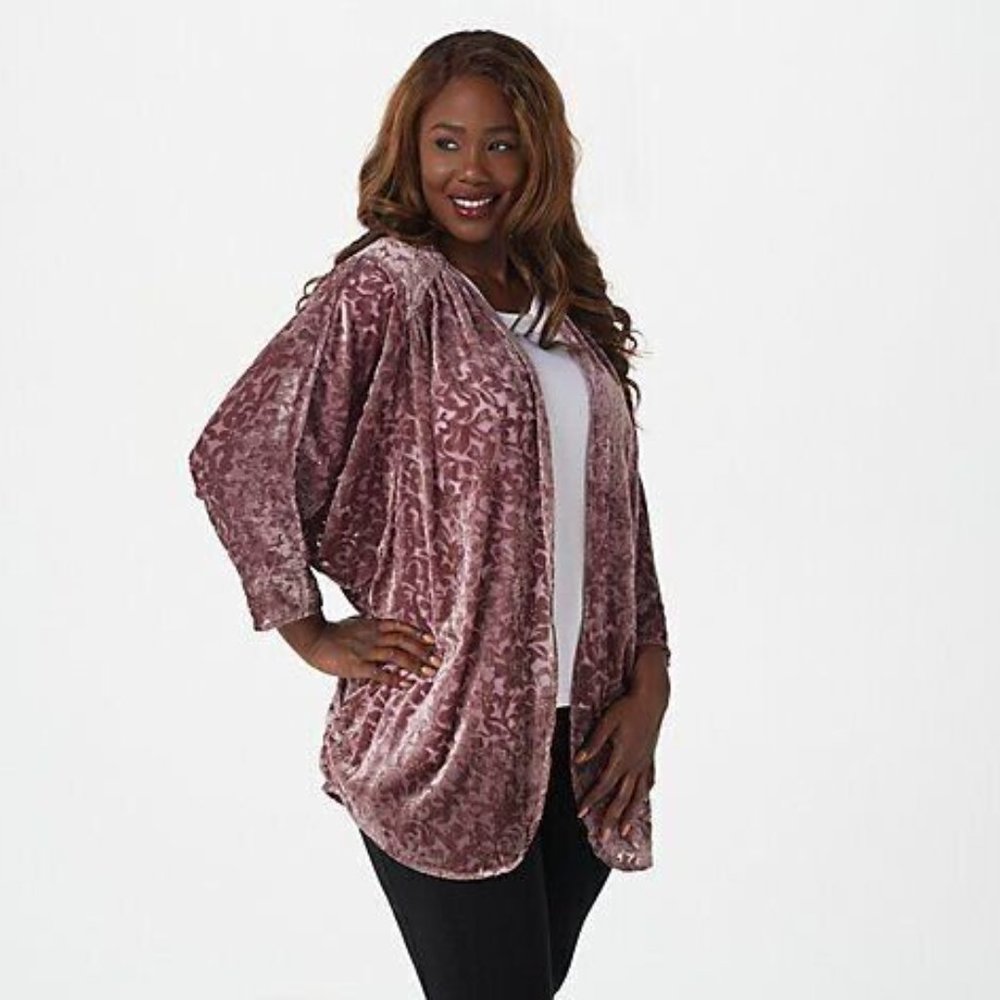 The Muses Lounge Velvet Burnout Dolman Ruched Cardigan Dusty Mauve NEW
